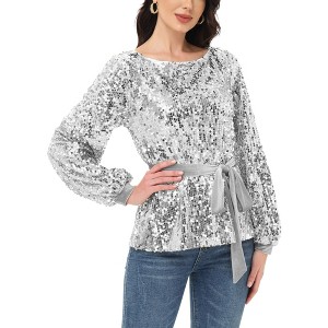 Anna-Kaci Women's Sequin Party Tie Waist Sweatshirt Pullover Top - 1 of 4