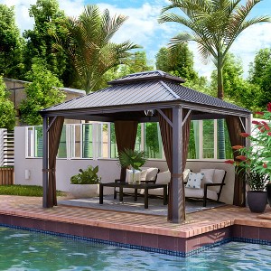 HAPPATIO 10x12ft Hardtop Gazebo, Outdoor Aluminum Gazebo with Galvanized Steel, Metal Gazebo with Netting and Curtains - 1 of 4