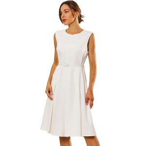 INSPIRE CHIC Women's Round Neck Sleeveless Zip Front Belted Fit Flare Work Dresses - 1 of 4