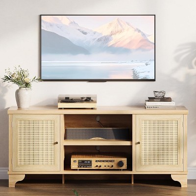 62" Rattan TV Stands, Mid Century Modern Entertainment Center with 2 Cabinets and 2 Open Shelves, Wooden TV Console Table for Apartment