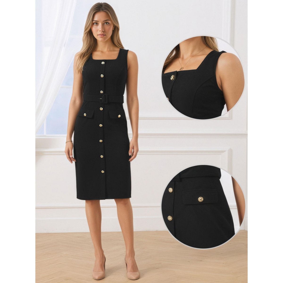 Женские платья INSPIRE CHIC Women's Sleeveless Square Neck Formal Belted Bodycon Midi Work Dress Medium Black — фото 2