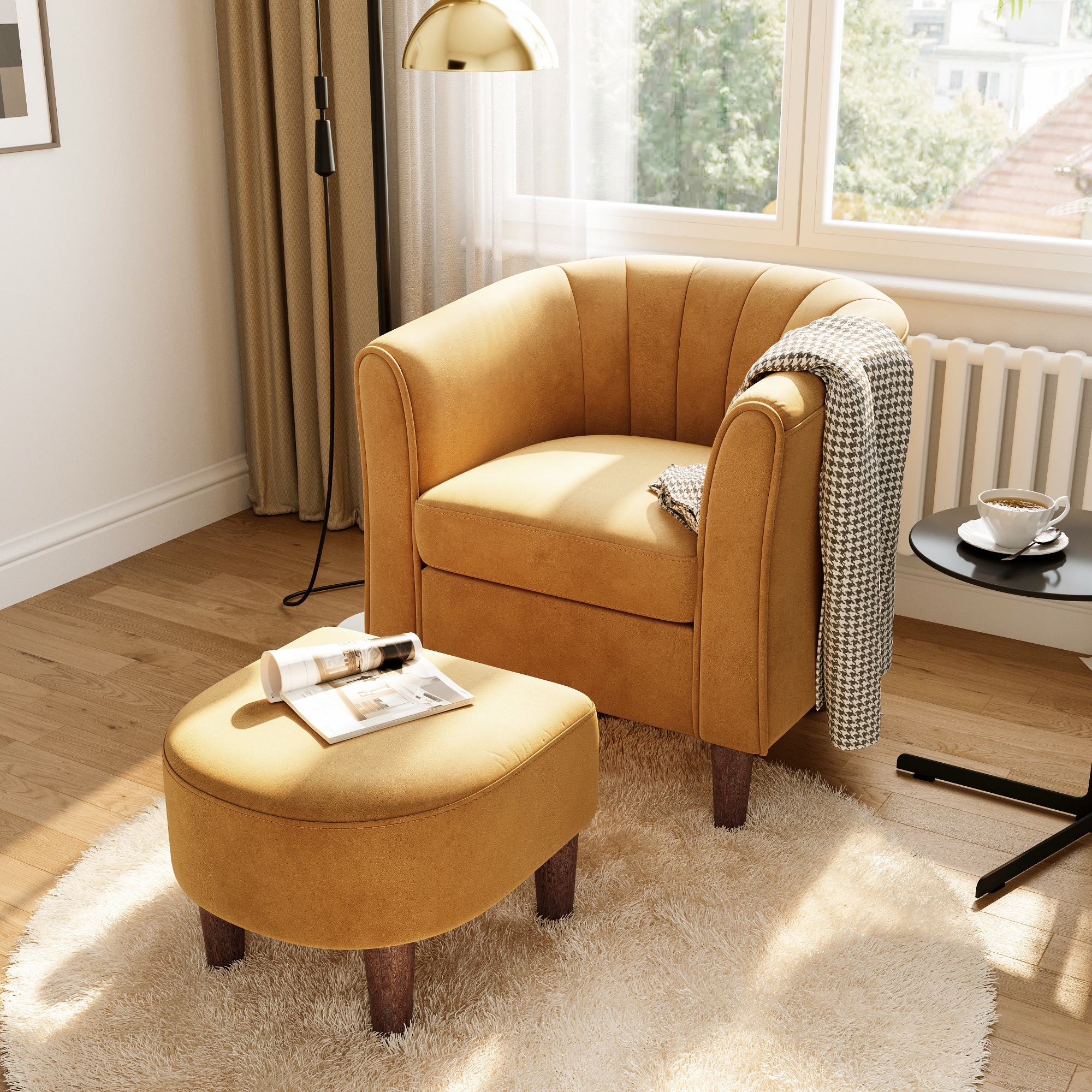 Barrel Chair with Ottoman, Velvet Accent Chair Round Armchair Reading Chair with Footrest for Bedroom, Small Spaces Yellow 27"