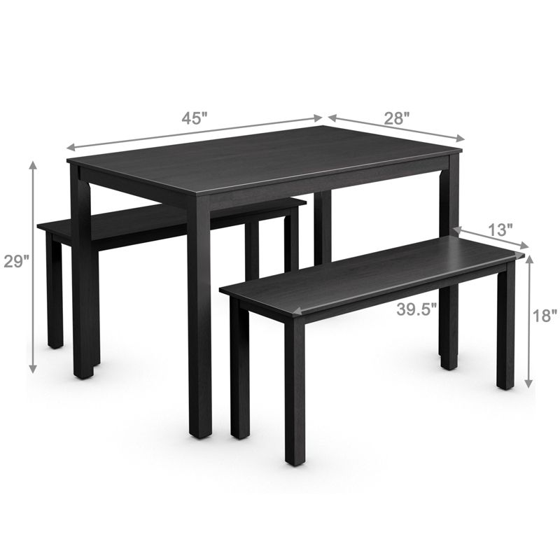 3pcs Dining Set Modern Studio Collection Table with 2 Benches Wood Legs Black, 2 of 11