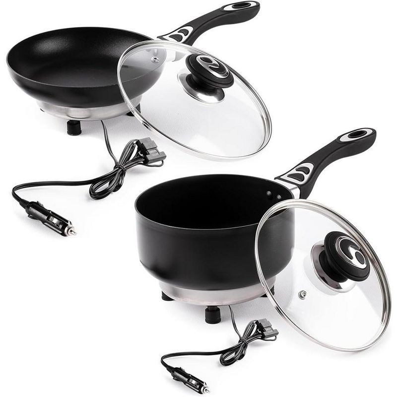 Zone Tech 12V Frying Pan and Saucepan Set with Glass Lids, Portable Non-Stick 7.5-inch Pan and 2-Quart Pot, Stay-Cool Handles, Rapid Heat Up, Portable, 1 of 10