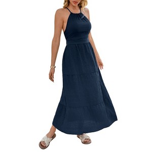 Women's Halter Backless Tiered Maxi Dress Beach Vacation Resort Dress,LNavy Blue
