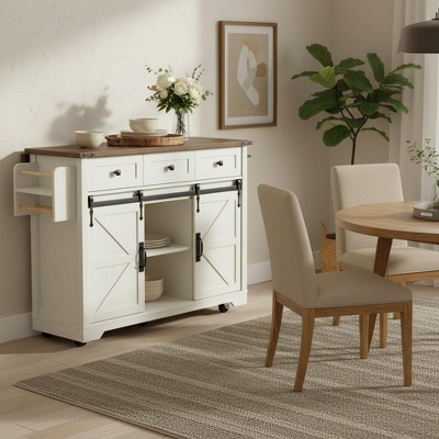 Homy Casa Kitchen Island Cart with Power Outlet, Sliding Barn Doors & Storage Drawers, White