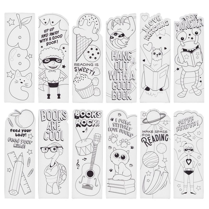 Juvale 24 Pack Color Your Own Bookmarks for Kids, Students, DIY Classroom Art, 24 Cute Book Worm Designs, 2 x 6 In, 5 of 8