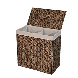 happimess Sawyer 24" Classic Farmhouse Handwoven Hyacinth 2-Section Collapsible Laundry Hamper with Washable Liner, Handles, and Lid - 1 of 4