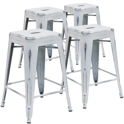Emma and Oliver Commercial Grade 4 Pack 24" High Backless Distressed Metal Indoor-Outdoor Counter Height Stool