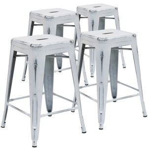Emma and Oliver Commercial Grade 4 Pack 24" High Backless Distressed Metal Indoor-Outdoor Counter Height Stool - 1 of 4