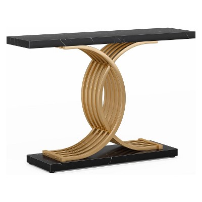 Gold and Black Faux Marble Console Table with Geometric Metal Legs