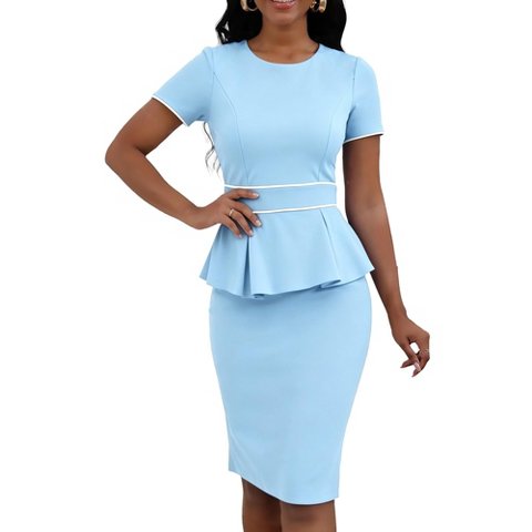 Женские платья INSPIRE CHIC Women's Crew Neck Short Sleeve Business Elegant Office Peplum Sheath Dresses Sky Blue Medium