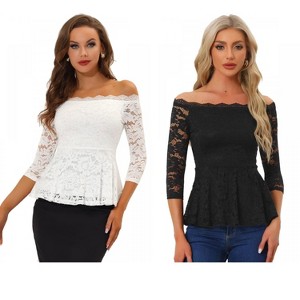 INSPIRE CHIC Women's Elegant Lace Floral Semi Sheer 3/4 Sleeve Off Shoulder Peplum Top 2 Packs - 1 of 4