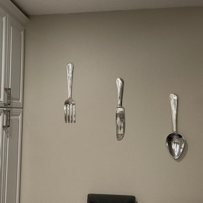 35 Inch Silver Metal Wall Decor Utensils Set Of 3