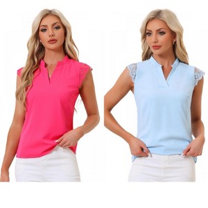 INSPIRE CHIC Women's Work Office V Neck Stand Collar Lace Cap Sleeve Basic Blouse 2 Pieces - 1 of 4