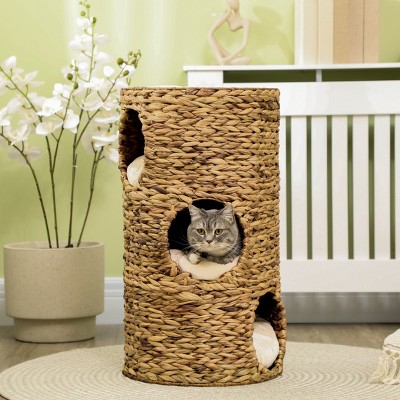 Elevated Cat Tower with 3 Hideaway Caves and 4 Plush Cushions Hand Woven Cat Bed for Indoor Cats - LAOTIES