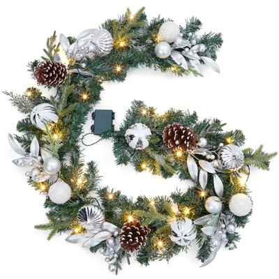 6ft Silver & White Christmas Garland with Lights ,Battery Operated, Pine Cones & Ball Ornaments for Indoor/Outdoor Mantle & Stair Railing Decorations