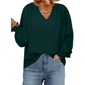 Coolmee Womens Plus Size Tops Casual V Neck Smocked Long Sleeve Chiffon Blouse Flowy Work Shirts - 1 of 4