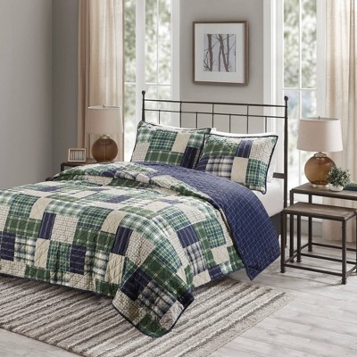 King Green and Navy Reversible Microfiber Quilt Set