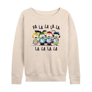 Women's - Peanuts - Fa La La Lightweight French Terry Wide Neck Long Sleeve Graphic Shirt - 1 of 4