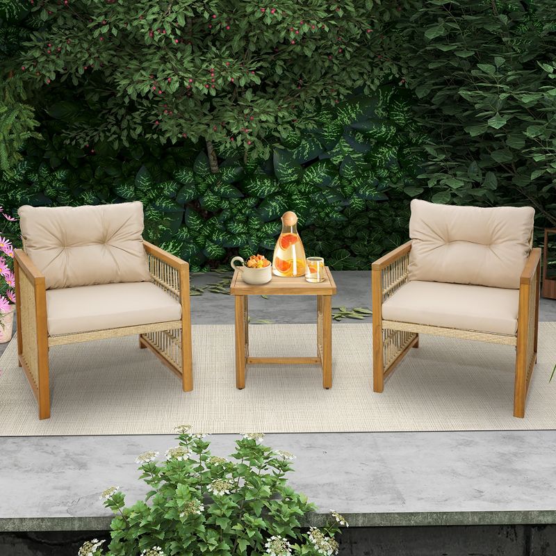 Tangkula 3PCS Patio Acacia Wood PE Wicker Furniture Set w/ Soft Seat & Back Cushions, 3 of 11