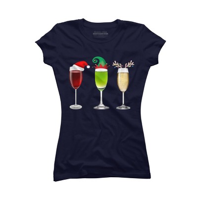 Junior's Design By Humans Red Wine Glass Santa Elf Hat Reindeer Horn Christmas By Forever9 T-Shirt