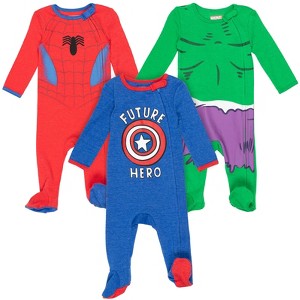 Marvel Avengers Hulk Captain America Spider-Man Baby 3 Pack Zip Up Sleep N' Play Coveralls Newborn to Infant  - 1 of 4