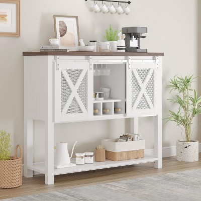 Coffee Bar Cabinet, Farmhouse Sideboard Buffet Cabinet with Sliding Barn Doors, Wine Racks, Open Storage Shelf