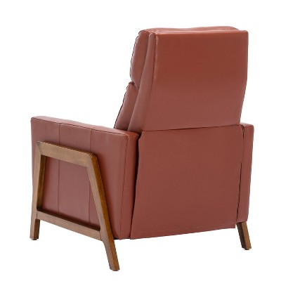 Modern Caramel Leather and Wood Push Back Recliner