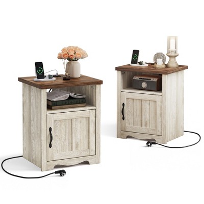 Farmhouse Nightstand, End Table with Build-in Charging Station for Bedroom, Living room