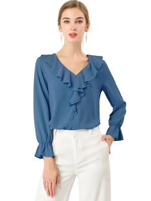 INSPIRE CHIC Women's Office Work Ruffle V Neck Long Sleeve Chiffon Peasant Blouse