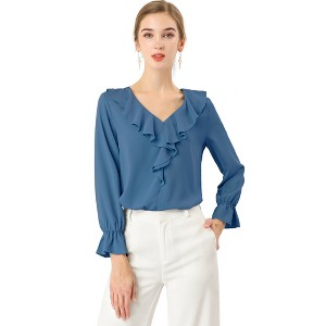 INSPIRE CHIC Women's Office Work Ruffle V Neck Long Sleeve Chiffon Peasant Blouse - 1 of 4