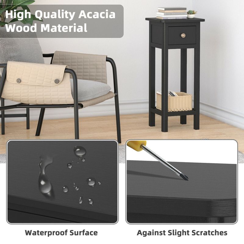 Tangkula 2PCS 2 Tier End Bedside Sofa Side Table with Drawer Shelf Acacia Wood Nightstand Black, 4 of 9