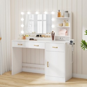 Vanity Desk with Mirror, LED Lights and Power Outlet Makeup Table with 3 Drawers and Storage Shelves Dressing Table - 1 of 4