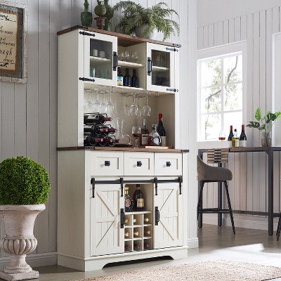 OKD 72" Bar Cabinet with Sliding Barn Door, Large Kitchen Buffet with Hutch w/Wine & Glasses Rack, 3 Drawers, 12 Storage Shelves