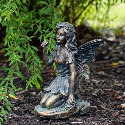 Bronze Kneeling Fairies with Flowers and Butterfly Garden Statues, Set of 2