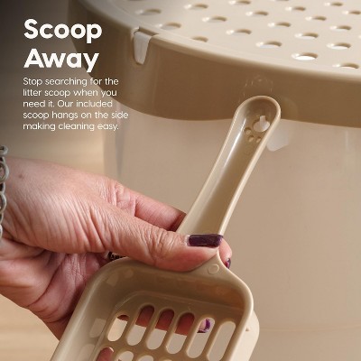 White and Beige Top Entry Cat Litter Box with Scoop