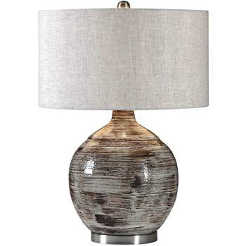 Uttermost Modern Table Lamp 27 1/2" Tall Distressed Blue-Gray Bronze Ceramic Linen Fabric Drum Shade for Living Room Bedroom House