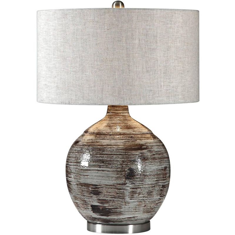 Uttermost Modern Table Lamp 27 1/2" Tall Distressed Blue-Gray Bronze Ceramic Linen Fabric Drum Shade for Living Room Bedroom House, 1 of 4