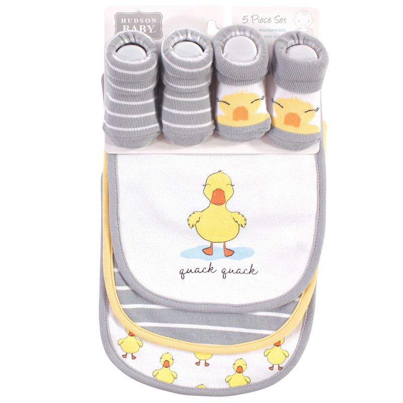 Hudson Baby Infant Cotton Bib and Sock Set 5pk, Quack Quack, One Size, 3 of 4