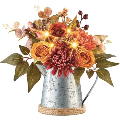 Collections Etc LED Lighted Autumn Mums Watering Can Centerpiece 10.75 X 9 X 13