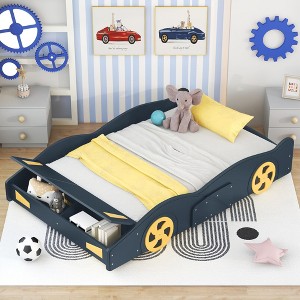 ALEXOUN Race Car-Shaped Platform Bed for Kids,with Storage and Wheels,Wood Bed Frame,No Box Spring Needed,for Bedroom,Apartment, - 1 of 4