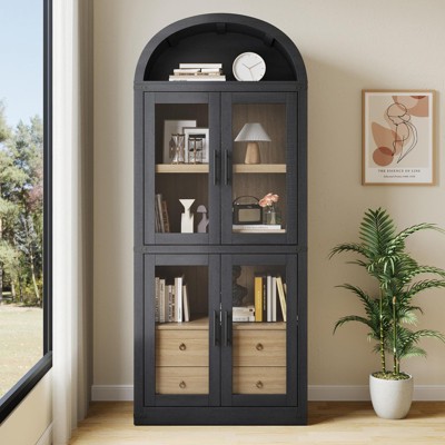 Arched Bookshelf with Doors and Drawers, 71.4" Tall Farmhouse Bookcase, 15.8" Deep Wooden Display Cabinet with Storage Shelves