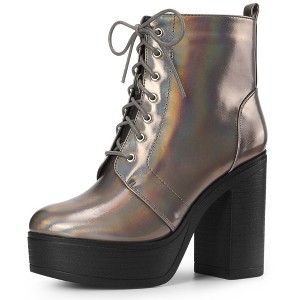 Allegra K Women's Platform Chunky High Heel Lace Up Combat Boots - 1 of 4