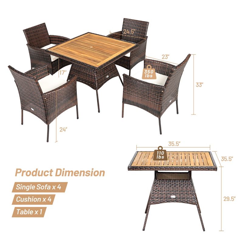Costway 5PCS Patio Rattan Dining Furniture Set Arm Chair Wooden Table Top, 3 of 11