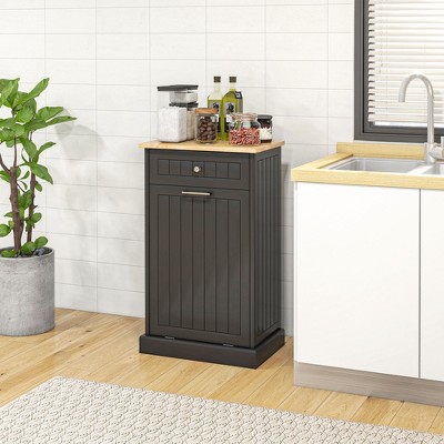 Vynxaria Kitchen Tilt Out Trash Bin Cabinet Free Standing Recycling Cabinet Trash Can Holder With Drawer, Black