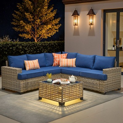 XIZZI All-Weather Rattan Furniture, Sectional Sets w/ Optional Solar Light-Up Coffee Table & Ottoman, Choose 6-9pc Configs in 8 Fade Resistant Colors