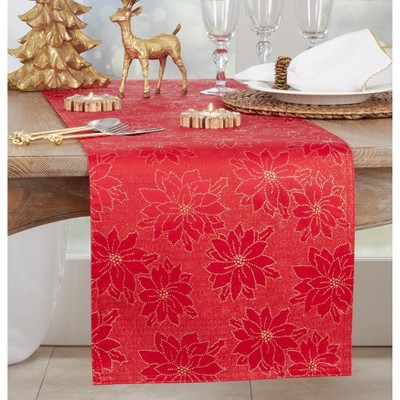 Festive Red Poinsettia Polyester Table Runner, 16" x 72"