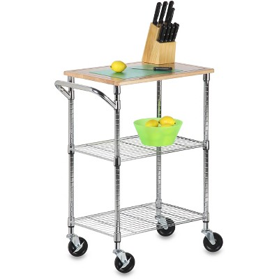 Chrome and Wood Rolling Kitchen Cart with Cutting Board