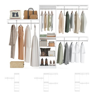 FURNIinspire Garment Racks Heavy Duty Closet Organizer, Modern Adjustable Closet System With 4 Hang Rods, 5 Shelves, White, 96"*16"*75"